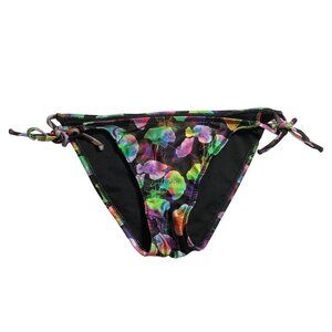 Womens Floral Tie-Side Bikini Bottom Black Colorful Neon M